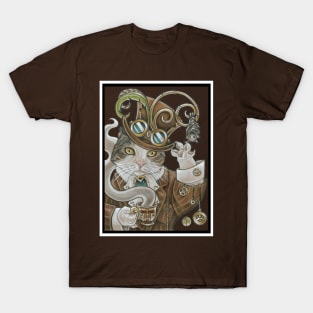 Steampunk Cat -Tea Party with Bat -White Outline T-Shirt